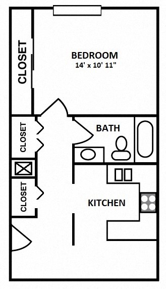 a floor plan of a small house with a bathroom and a kitchen